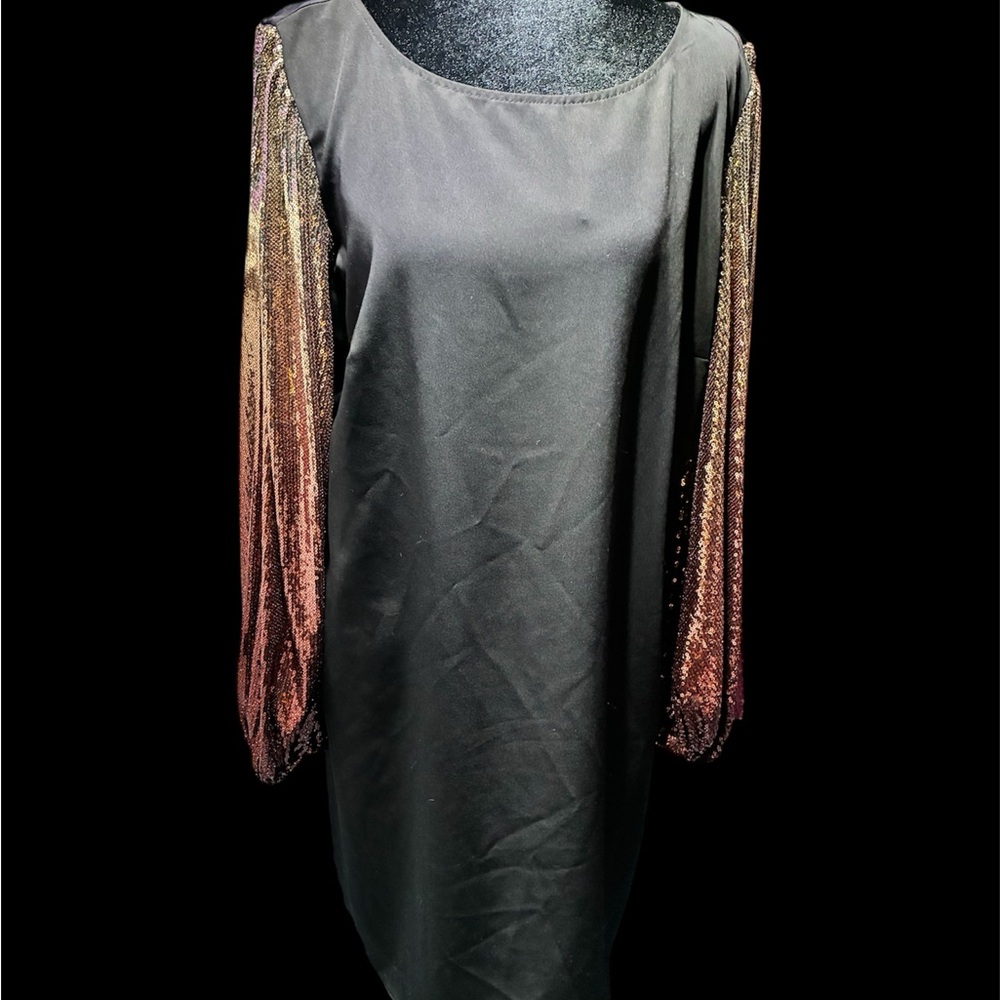 ✨ MSK Elegant Black Dress with Gold Sequin Sleeves – Size L, New with Tags! ✨